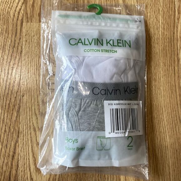 Calvin Klein 2 Pack Boys Boxer Briefs Gray White Large 12-14 - Picture 1 of 8